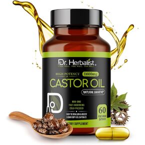 Dr. HERBALIST Castor Oil Capsules - 1600mg per Serving, 60 Count - Non-GMO, Fast-Absorbing, Vegetarian, Cold-Pressed, and High Potency - Supports Skin, Hair, Natural Laxatives and Digestive Health