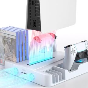 لمحطة تبريد وحامل وحدة التحكم بلاي ستيشن 5، لأقراص PS5 / PS5 النحيفة والرقمية، ملحقات PS5 قاعدة شحن مزدوجة مع وحدة تخزين 8 ألعاب، قاعدة تبريد مع مروحة تبريد من المستوى 3