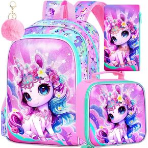 16 "حقيرة حورية البحر حقيبة ظهر للبنات ، 3pcs unicorn الأطفال حقيبة الكتب مع صندوق الغداء ， حقيبة الظهر المدرسية لرياض الأطفال في مرحلة ما قبل المدرسة (أرجواني)