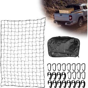 JIAYAN Latex Elastic Truck Cargo Netting 4'x6' Stretches to 8'x12' with 12 ABS Hook 12 Metal Hook for Pickup Trailer Trucks SUV Roof Rack