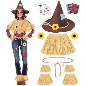 MOVINPE 12 Pieces Scarecrow Costume Kit for Adult Kids, Raffia Scarecrow Accessories Felt Hat Rope Face Decals Sunflower Patchwork for Halloween Harvest Cosplay Party Brown