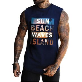 Men's Letter Print Graphic Sleeveless Round Neck Tank Tops Shirts for Summer Streetwear