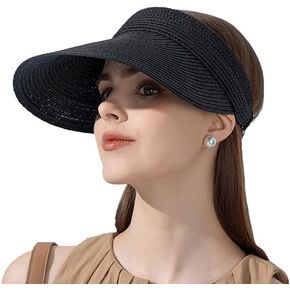 Womens Sun Visor Hat Summer Beach Hat Straw Sun Visor Cap Protection مع حافة عريضة للسيدات في الجولف المشي لمسافات طويلة