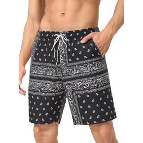Men's Boho Graphic Print Drawstring Elastic Waist Bandana Tribal Summer Beach Shorts with Pocket