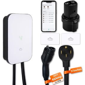 Level 2 EV Charger, 48 Amp & 240V EV Charger Level 2, NEMA 14-50 Plug, Metal Case Enclosure, Indoor/Outdoor, Tesla Adapter EV Level 2 Charger, 2.4GWiFi/RFID/App Level 2 EV Charger 25' Cord