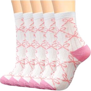 5 Pairs Coquette Socks for Women Pink Bow Socks Set Cotton Breathable Cute Mid Stuff Gift for Sleeping Home Women Girl