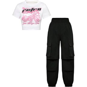 Girl's 2 Pieces Outfits Graphic Print Short Sleeve Crop Tee and Cargo Pants