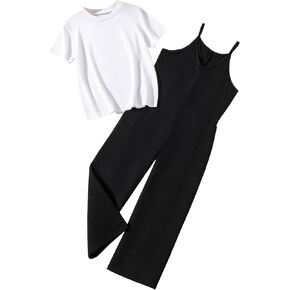 Hilinker Girls Summer Sleeveless Jumpsuit and Short Sleeve Tee Clothing Sets with Pockets