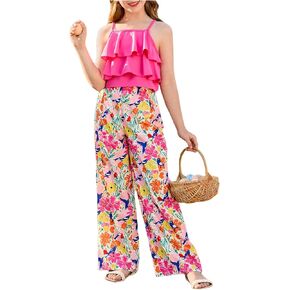 Girl's 2 Piece Vacation Outfits Ruffle Camisole Top and Floral Holiday Pants Sets
