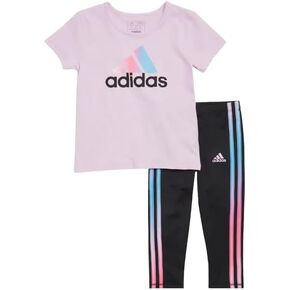 تي شيرت شعار Adidas Toddler Girls 2 قطعة ومجموعة من طماق الشريط ، 2T ، وردي/أسود