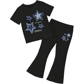 Floerns Girl's 2 Piece Outfit Star Print Short Sleeve T Shirt and Bell Bottom Pants Set