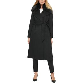 Karl Lagerfeld Paris Women's Luxe Wool Classic Long Wrap Coat W Fur