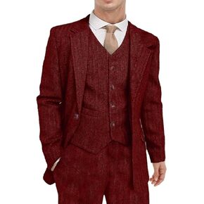 Men's Tweed Herringbone Suit 3 Piece Retro Slim Fit Prom Wedding Groom Tuxedos Set Brown Blazer Vest Pants
