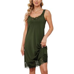 Slip for Women Under Dress Satin Silky Sleepwear Sexy Lace Trim V Neck Tank Nightgown Cooling Feel