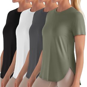 4 حزمة تمرين للسيدات القمصان القصيرة الأكمام الرياضية قمم Tee Tops سريعة الجفاف UPF 50+ حماية من أشعة الشمس مع انقسام تنحنح