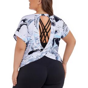 Koscacy Womens Plus Size Open Back Tops Short Sleeve Workout Shirts Casual Yoga Athletic Gym Running Tees