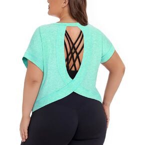 Koscacacy womens plus size open back back tops short sleeve procleout dorts disual yoga gym gym steal tees in Kuwait