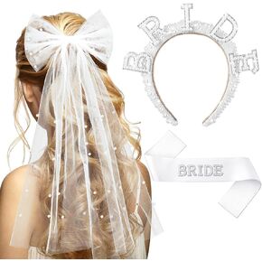 3 Pcs Pearl Bride Hair Bow Veil with Barrette Bride Pearl Headband Accessories White Sash for Bridal Shower Gift Wedding Party Decorations Bridal Bridesmaid Favors Engagement Supplies