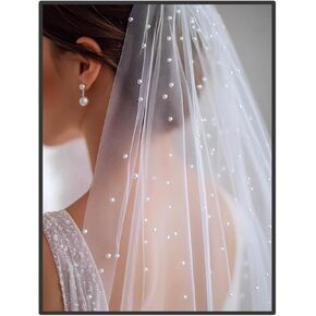 Pearl Cathedral Veil White Wedding Long Veils Bride 1 Tier Tulle Chapel Veil 118" Floor Length Veil with Comb
