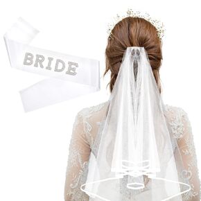 Lusofie Bride Sash and White Wedding Veils for Brides 2Pcs Pearl Satin Bride Sash Bachelorette Party Decorations Double Edge Center Cascade Bridal Shower Veil for Bridal Shower Engagement Gifts