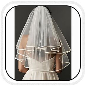 Latious Fingertip Bride Wedding Veils 2 Tier Ribbon Edge Veil Short Bridal Tulle Veils with Comb for Women (White)