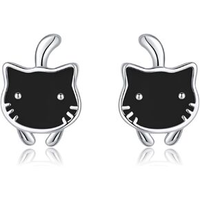 SLUYNZ 925 Sterling Silver Lovely Black Cat Earrings Studs for Women Teens Cat Studs Earrings for Cat Lovers