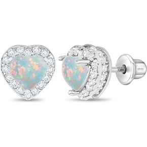 925 Sterling Silver White Simulated Opal Birthstone Heart Safety Screw Back Earrings for Little Girls, Pre-Teens and Teens 8mm - Beautiful Heart Shaped Earrings with CZ Stones