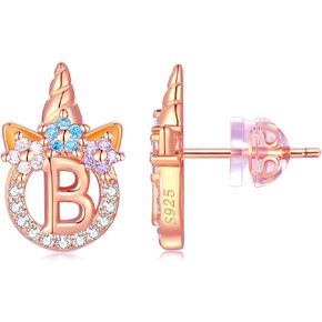 Unicorn Sterling Silver Initial Earrings for Girls Women - Hypoallergenic 14K Gold/White Gold/Rose Gold Plated Letter Earrings for Little Girls Kids - Unicorn Gifts in Saudi Arabia
