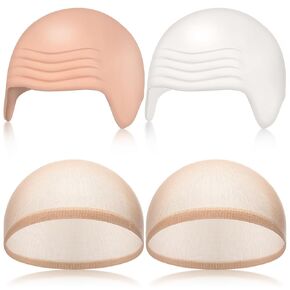 Syhood 4 Packs Halloween Bald Caps Makeup Latex Bald Head Wig Cap Bald Hat Costume Accessories for Women Men Adults(Nude,Large)