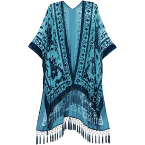 Wehello Women's Burnout Velvet Kimono Long Cardigan Cover مع Tassel Aquamarine