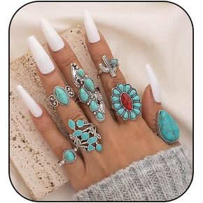 Turquoise Ring for Women Bohemian Stackable Knuckle Rings Set Boho Turquoise Finger Ring Vintage Oval Flower Starfish Teardrop Midi Snake Ring Western Rings Jewelry