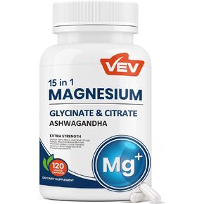 VEV Magnesium Glycinate & Citrate Cortisol Supplements for Women, Stress and Sleep Support with Ashwagandha & L-Theanine, 120 Vegan Capsules of Magnesium Complex