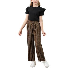 GORLYA Girls Clothing Sets Ruffle Trim Short Sleeve Tops Casual Printed Pleated Wide Leg Pants 2 PCS Outfit Suits 6-14Y