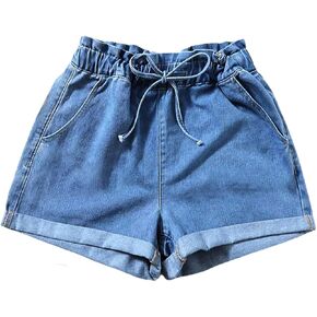 SOLY HUX Women's Summer Denim Shorts Drawstring Elastic Waist Straight Leg Jeans with Pockets