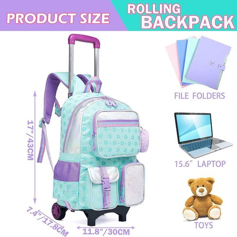 Meetbelify Backpack with Wheels for Girls Rolling Backpack Cute Carry on Backpack for Elementary Student in Kuwait