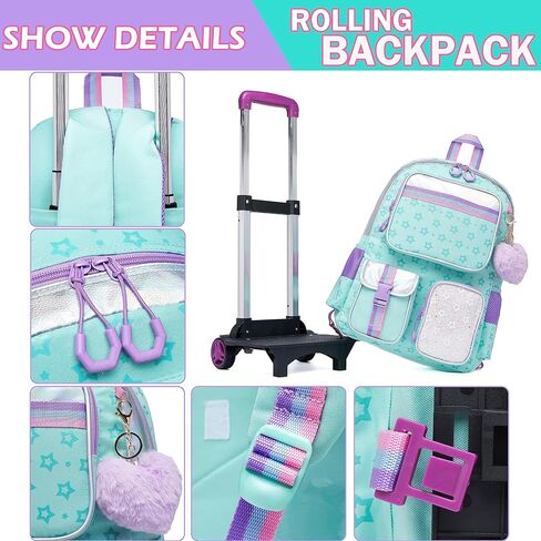 Meetbelify Backpack with Wheels for Girls Rolling Backpack Cute Carry on Backpack for Elementary Student in Kuwait