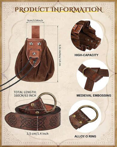 Panitay 2 Pcs Medieval Viking Belt Pouch Set Halloween Renaissance Accessories Faux Leather Belt Pouch for Men Women in Kuwait
