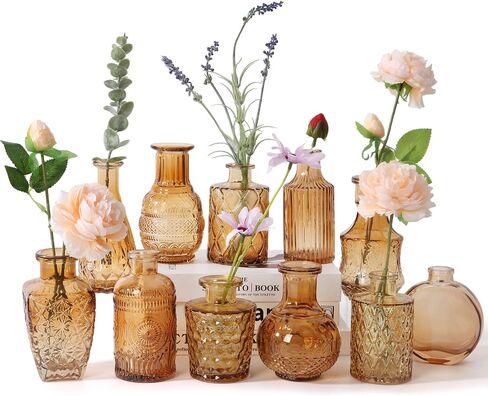 BIGIVACA Small Glass Bud Vases Set of 12,Mini Clear Bud Vases in Bulk,Small Flower Vases for Centerpieces,Vintage Embossed Style Glass Bottles for Rustic Wedding,Home,Table Decor in Saudi Arabia
