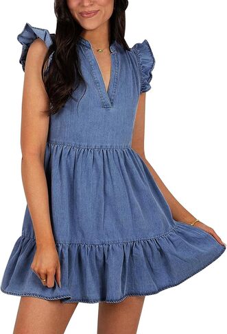 Denim Dress for Women Ruffle Short Sleeve V Neck Jean Mini Dress with Pockets in Saudi Arabia