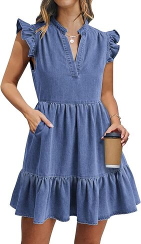 Denim Dress for Women Ruffle Short Sleeve V Neck Jean Mini Dress with Pockets in Saudi Arabia