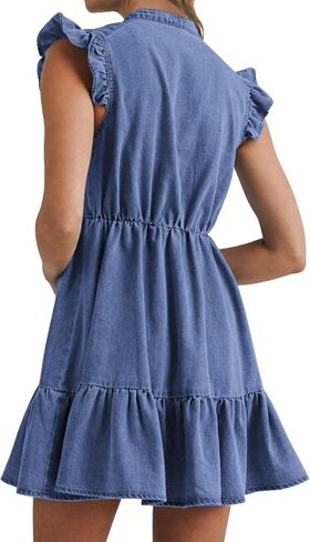 Denim Dress for Women Ruffle Short Sleeve V Neck Jean Mini Dress with Pockets in Saudi Arabia