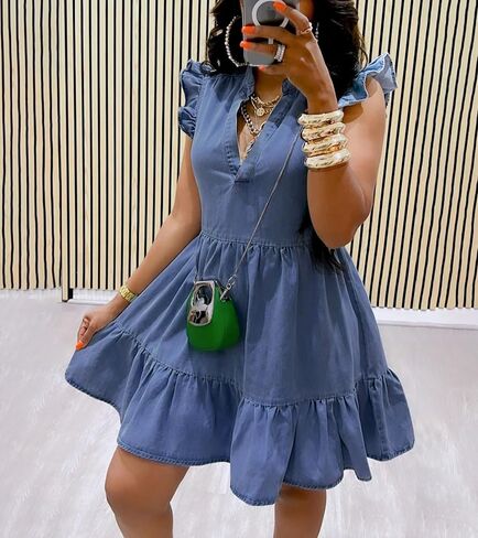Denim Dress for Women Ruffle Short Sleeve V Neck Jean Mini Dress with Pockets in Saudi Arabia