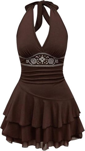 SOLY HUX Women's Summer Halter Backless Mini Dress Flowy Sleeveless V Neck Tie Back A Line Western Casual Sun Dresses in Kuwait