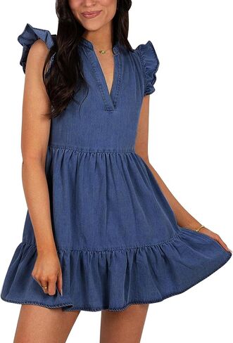 Denim Dress for Women Ruffle Short Sleeve V Neck Jean Mini Dress with Pockets in Saudi Arabia
