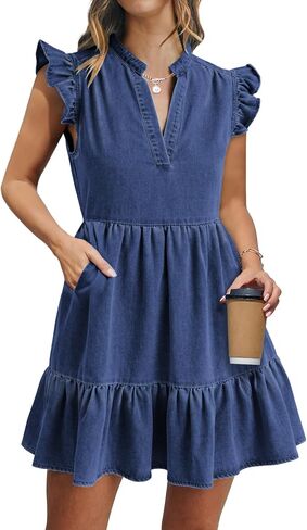 Denim Dress for Women Ruffle Short Sleeve V Neck Jean Mini Dress with Pockets in Saudi Arabia