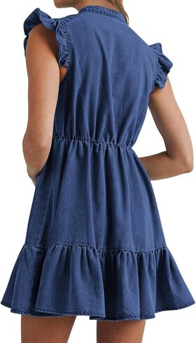 Denim Dress for Women Ruffle Short Sleeve V Neck Jean Mini Dress with Pockets in Saudi Arabia