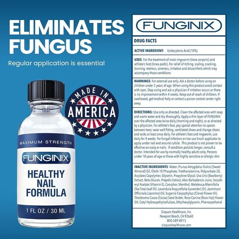 Funginix Toenail Fungus Treatment - أقصى قوة - علاج فطريات الأظافر للأظافر الفطرية - محلول سائل مضاد للفطريات - مصنوع في زجاجة الولايات المتحدة الأمريكية - (قد تختلف التغليف) in Kuwait