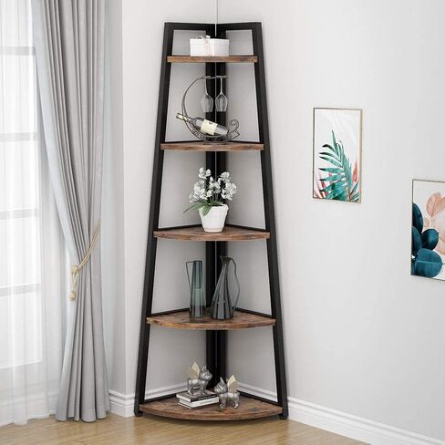 Tribesigns 70 inch Tall Corner Shelf, 5 Tier Rustic Corner Bookshelf Bookcase Industrial Corner Ladder Shelf Plant Stand for Living Room, Kitchen, Home Office (Brown) in Saudi Arabia