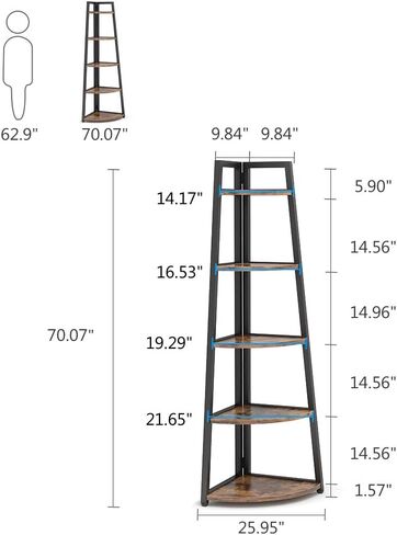 Tribesigns 70 inch Tall Corner Shelf, 5 Tier Rustic Corner Bookshelf Bookcase Industrial Corner Ladder Shelf Plant Stand for Living Room, Kitchen, Home Office (Brown) in Saudi Arabia