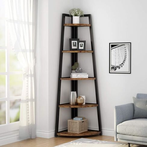 Tribesigns 70 inch Tall Corner Shelf, 5 Tier Rustic Corner Bookshelf Bookcase Industrial Corner Ladder Shelf Plant Stand for Living Room, Kitchen, Home Office (Brown) in Saudi Arabia